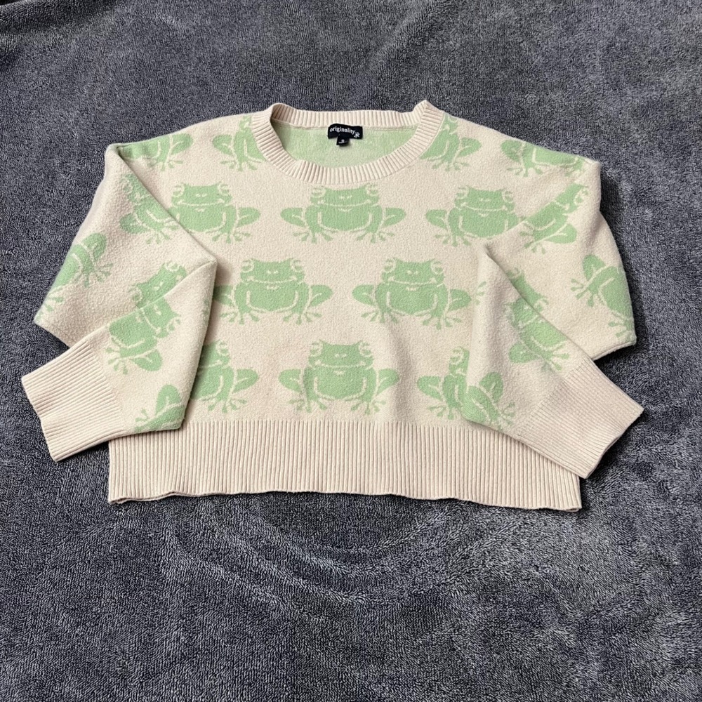 Originality Frog Pattern Knit Sweater Green Cream Cottagecore Pullover Small
